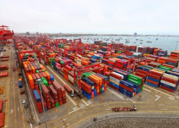 Vista aérea de un terminal portuario con cientos de contenedores de colores apilados, grúas pórtico rojas y el mar con embarcaciones al fondo.