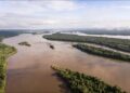 Vista aérea del río Xingu, de aguas color café, con islas cubiertas de selva amazónica y bosque denso en ambas orillas bajo un cielo parcialmente nublado.