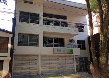 Fachada de un edificio blanco de tres pisos con el letrero verde de la Agencia Nacional de Minería sobre la entrada, junto a un árbol, en una calle de Medellín.